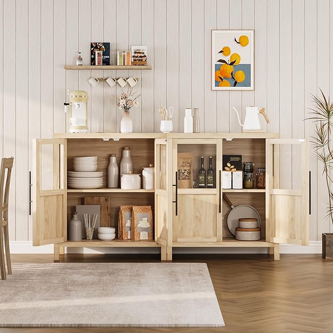 GarveeHome Sideboard Buffet Cabinet with 2 Glass Doors, 29.5 in Buffet Table Coffee Bar Wine Bar Display Cabinet for Kitchen Dining Room, Living Room (Glass with 2 Doors, Natrual)