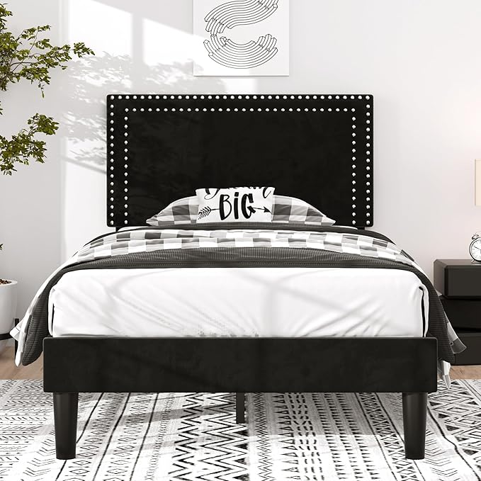 VECELO Twin Size Platform Bed Frame with Adjustable Upholstered Headboard, Nailhead Decor, Strong Wood Slat Support, No Box Spring Needed, Easy Assembly
