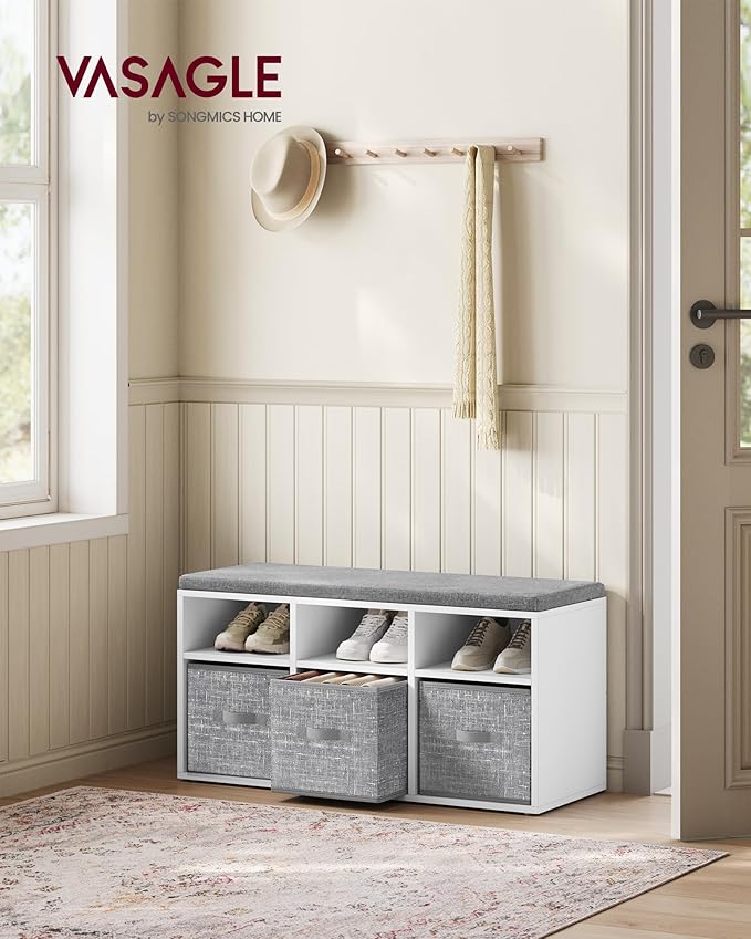 VASAGLE Shoe Bench with Cushion, Shoe Storage Bench with 6 Compartments and 3 Adjustable Shelves, Entryway Bench with 3 Storage Boxes, for Bedroom, Closet, Living Room, Cloud White ULSB101W14
