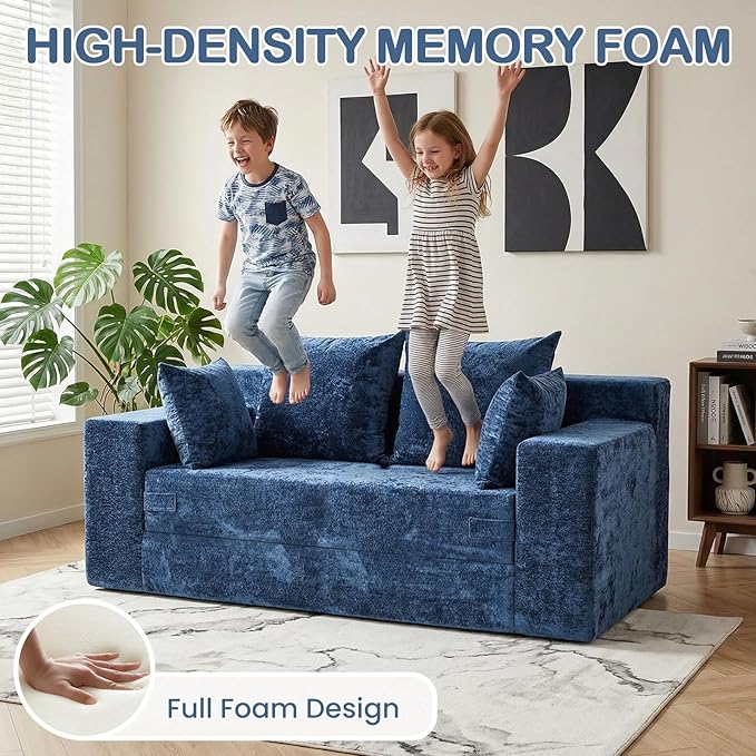 Boneless Loveseat Sleeper Sofa Bed, 3-in-1 Convertible Sofa Bed and Floor Futon Couch (Velvet-Blue, Loveseat (55"))