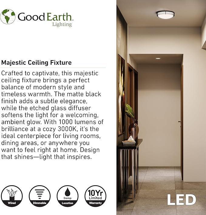 Good Earth Lighting Majestic Ceiling Fixture, 11-in, 1000 Lumens, Dimmable, Matte Black