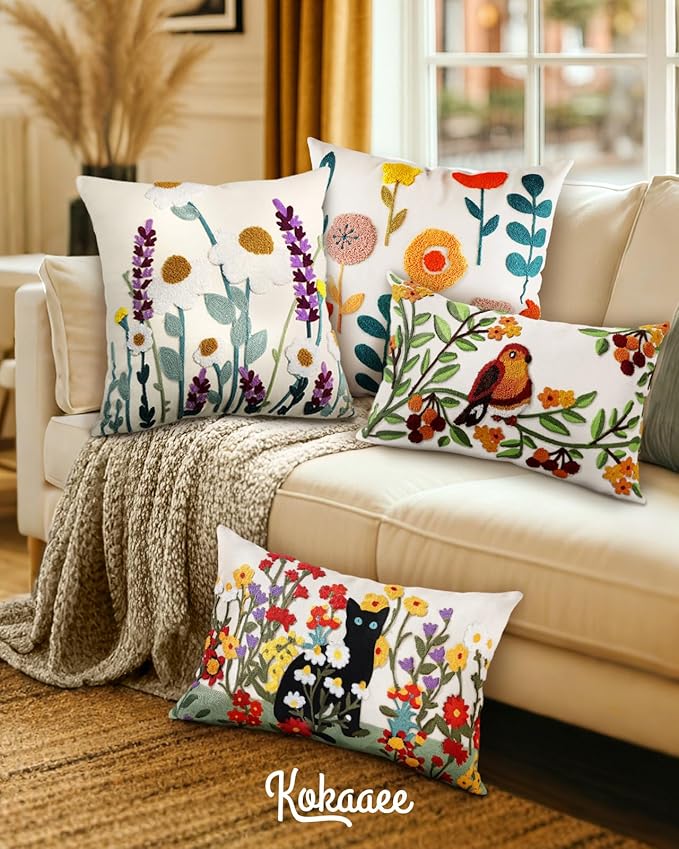 Embroidered Lumbar Pillow Cover - 20x12 Decorative Pillow Cover with Zipper Aesthetic Cute Design Boho Spring Summer Throw Pillowcase for Living Room Couch Sofa Bed, Leaf Strawberry