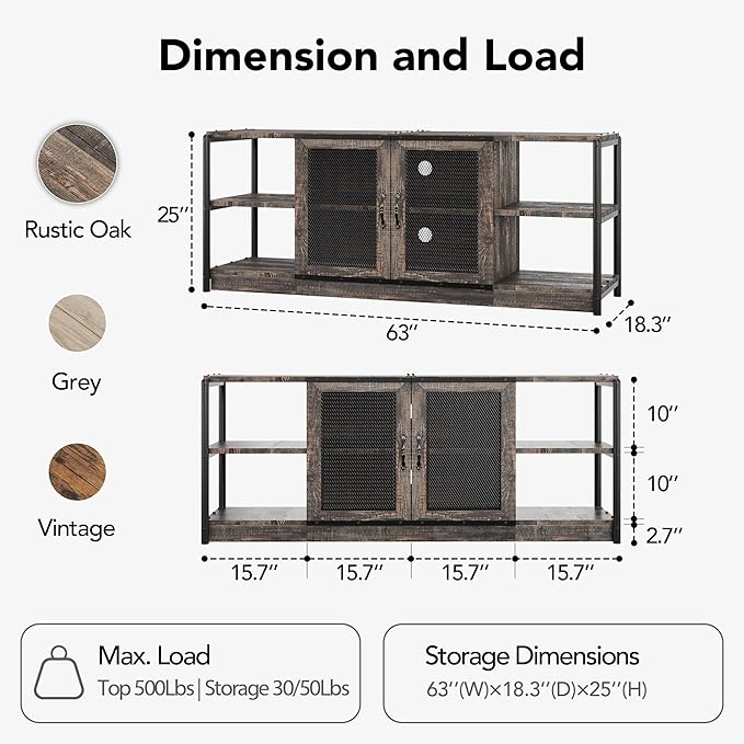 Farmhouse TV Stand for 65/75 inches TVs, Industrial Entertainment Center with Double Mesh Doors and Storage Cabinet, Rustic TV for Living Room, Rustic Oak