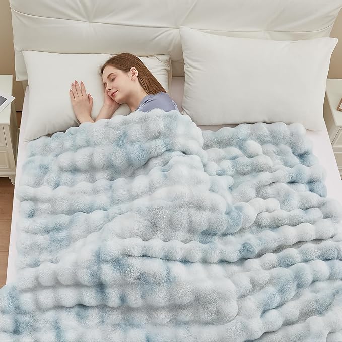 Faux Fur Throw Blanket, 1000GSM Fluffy Soft Bubble Blanket for Couch Bed, Cozy Plush Warm and Thick Blanket, Fuzzy Rabbit Throw for Living Room Bedroom 80''*90'' Tie-dye Blue