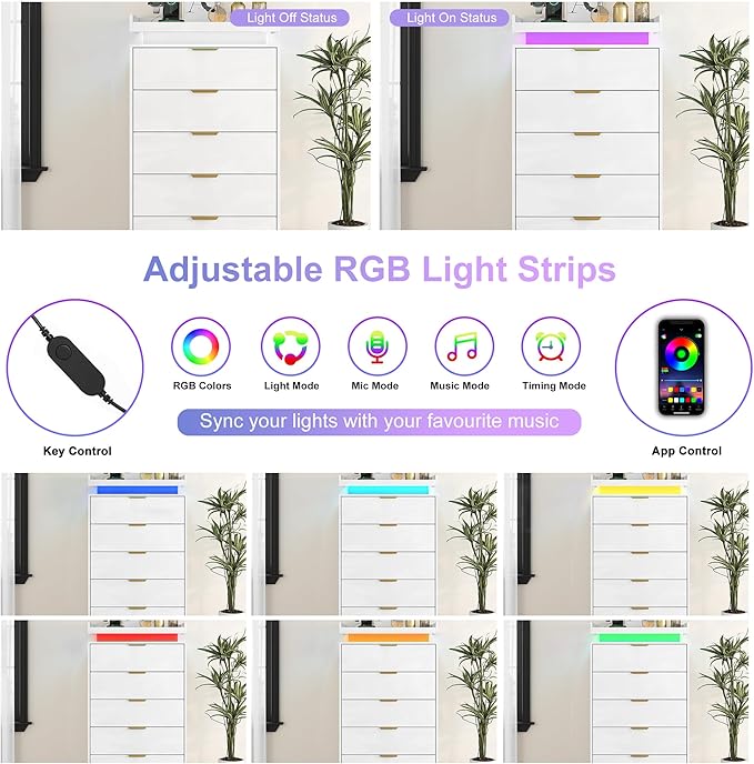 Tall Dresser for Bedroom, White Dresser with LED Lights, Wood 5 Drawer Chest with Power Outlet, Modern Chest of Drawers for Bedroom, Entryway, Hallway