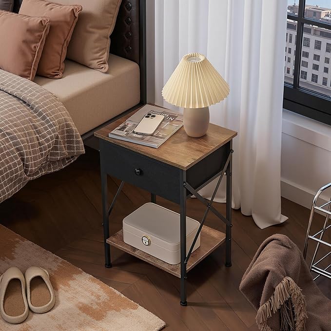 VECELO Nightstand Set of 2, X-Design End Side Table with Fabric Storage Drawer and Open Shelf, Bedside Night Stand with Steel Frame for Bedroom, Living Room,Dorm, Easy Assembly, Walnut Brown