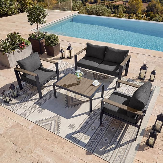 Outdoor Patio Furniture Set 4 Seats Luxury Aluminum Patio Conversation Set with Coffee Table, Washable Thick Cushions, Large Sectional Sofa for Porch, Balcony, Deck, Yard, Dark Gray