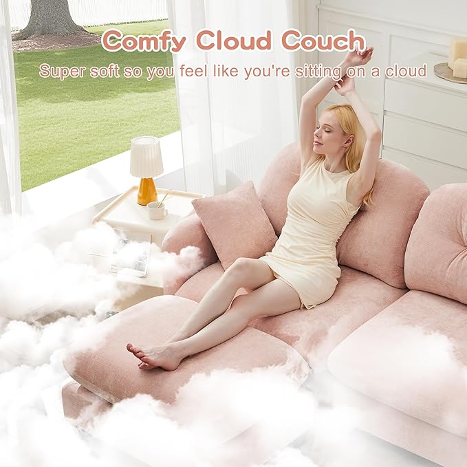 KEIKI 107" U-Shaped Oversized Chenille Modular Sectional Sofa with 2 Ottoman, High-Density Foam Cushions, Tufted Pleated Cushion Backrest, Modern 3-Seater Couch with 2 Pillow, for Living Room, Pink