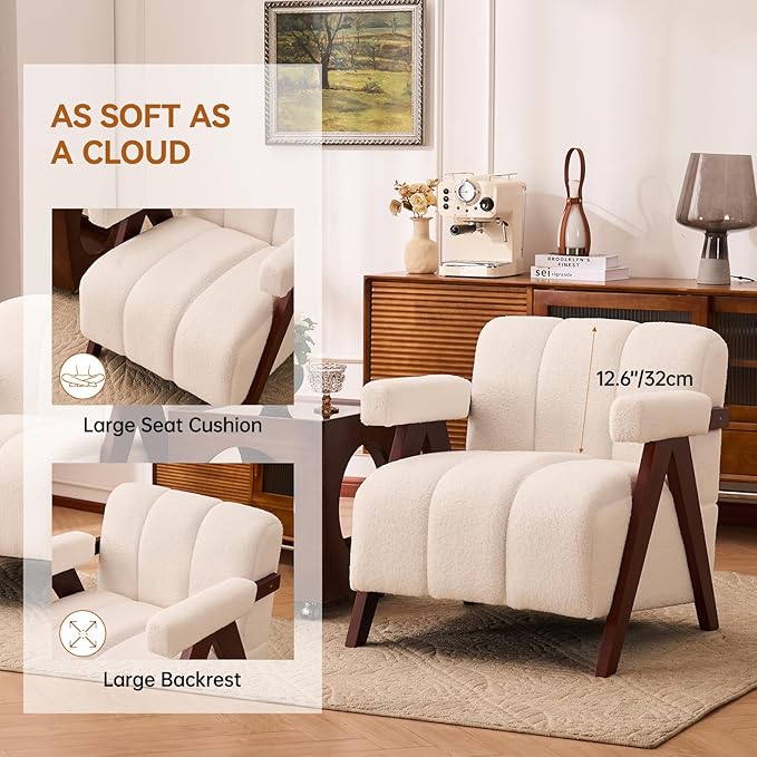 Accent Chair Mid-Century Modern with Wide Backrest for Bedroom, Upholstered Living Room Chair with Wooden, Lounge Armchair with Thick Cushion, Cute Teddy Comfy Chair, Ivory