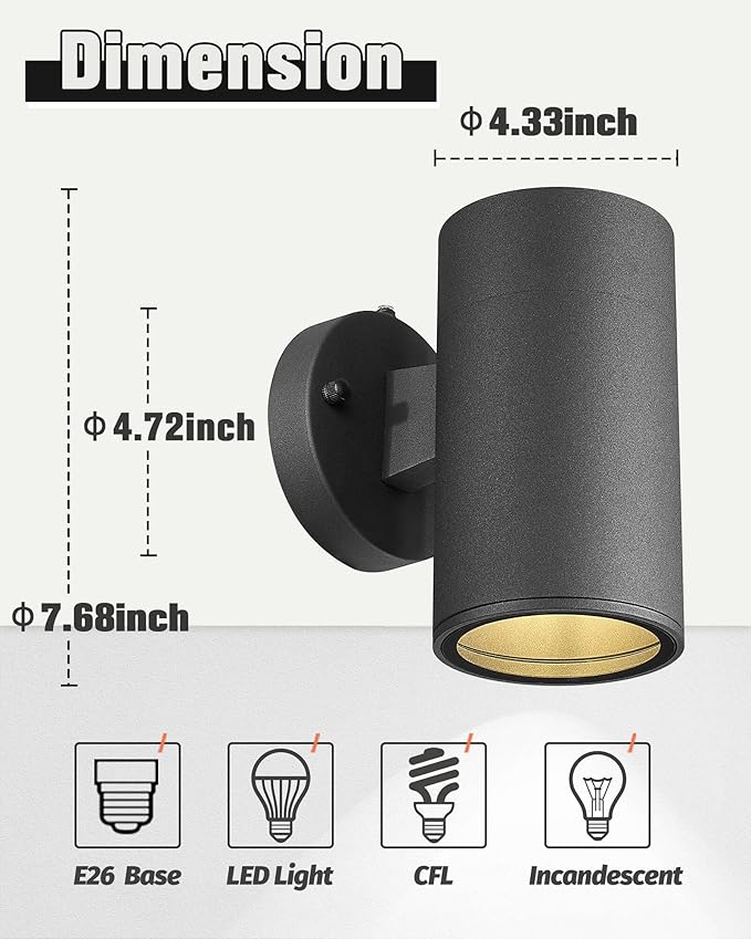 Ken & Ricky Dusk to Dawn Outdoor Lighting, Matte Black Outdoor Sconces Wall Lighting, Modern Porch Light with Tempered Glass Cover for Porch Garage Patio Doorway Entryway -1 Pack