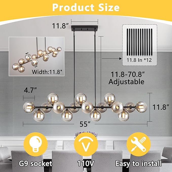 Chandelier,16-Light Black Linear Sputnik Chandelier 55inch Large Pendant Lights Kitchen Island Modern Chandeliers for Dining Room Light Bubble Gray Globe Kitchen Island chandelier Farmhouse Chandelier