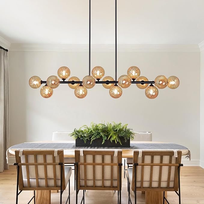 Linear Sputnik Chandelier, 55" Dining Room Light Fixture Modern Chandelier with Amber Swirled Globe 16 Lights Long Chandeliers for Dining Room Kitchen Island Large Chandelier for High Ceilings