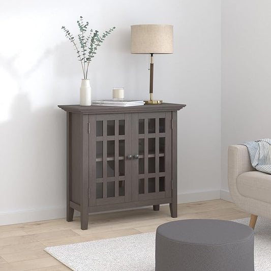 SIMPLIHOME Bedford Storage Cabinet - 32 inch Wide Solid Wood Low Media Cabinet in Farmhouse Grey, Transitional Console for Living Room, Entryway, or Dining Room with Glass Doors and Adjustable Shelves