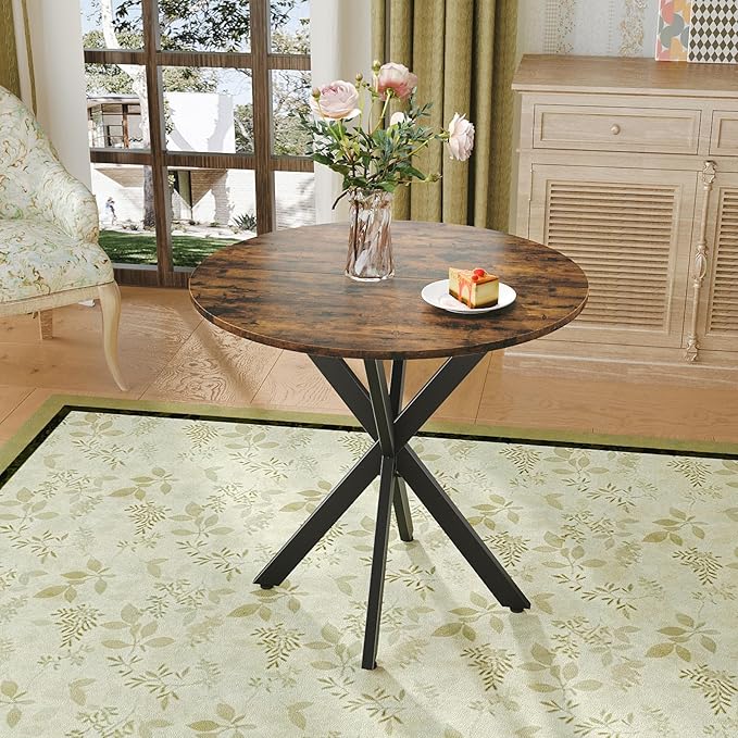 Unovivy 31.5" Small Round Dining Table for 2-4, Space Saving Circle Kitchen Dinner Table, Industrial Mid Century Modern Dining Room Desk for Kitchen, Apartment, Rustic Brown