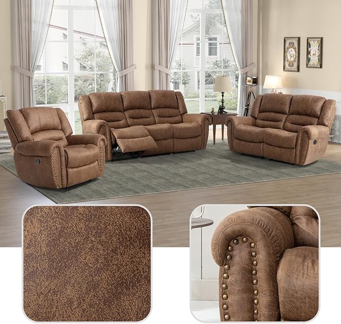 EBELLO Recliner Sofa Furniture Set for Living Room, Faux Leather Recliner Chair, Manual Loveseat, 3 Seat Recliniing Sofa Couch Set for Meeting Room, Brown