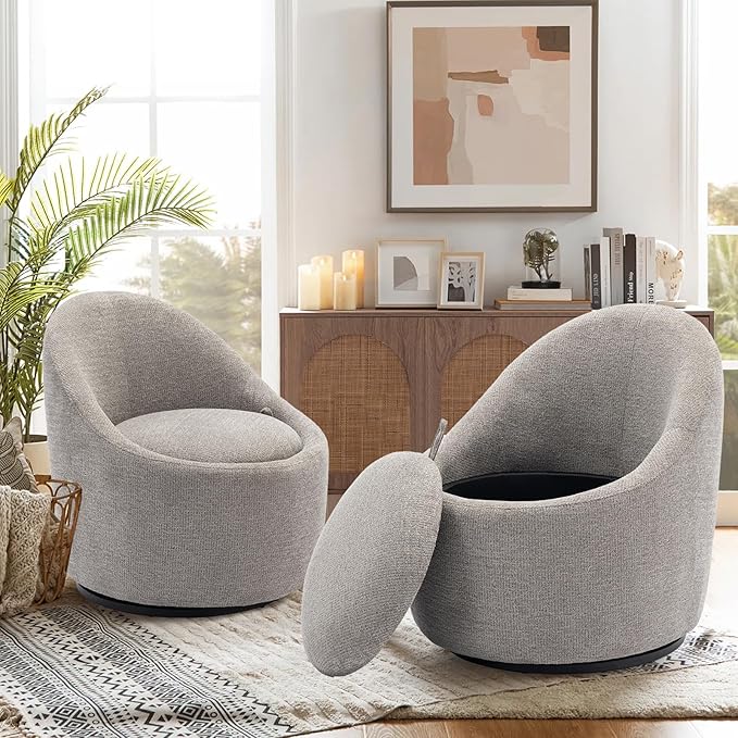 COLAMY Swivel Accent Chair, 360° Swivel Chair with Hidden Storage, Modern Small Barrel Swivel Armchair for Living Room/Bedroom, Light Grey