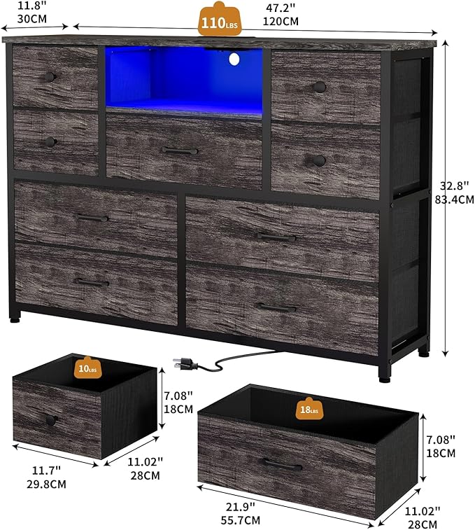 Dresser for Bedroom with 9 Drawers, Grey Storage Organizer TV Stand for 55" TV with LED Lights and Sockets, Fabric Chest of Drawers with PU Finish for Kid Room, Entryway, Living Room, Hallway