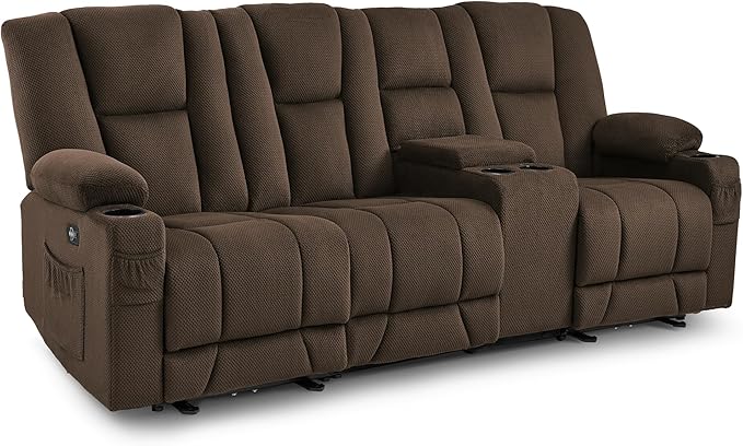 MCombo Zero Gravity 3 Seater Power Reclining Sofa with Console, Heat and Vibration Massage, Recliner Couch for Living Room, Fabric 6035SET (Brown, 3 Seater with Console)