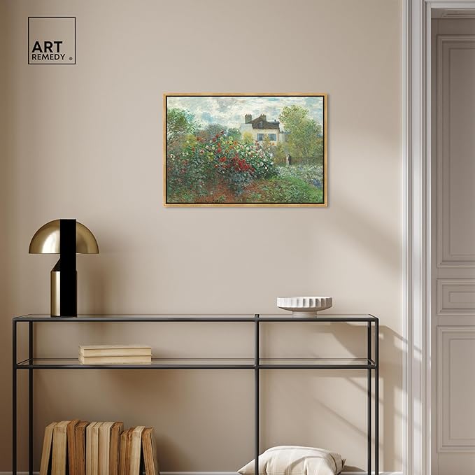 Art Remedy Monet-Garden With Dahlias Impressionism Classic Landscape Paintings Canvas Wall Art, Gold Floater Frame, 24"x36"