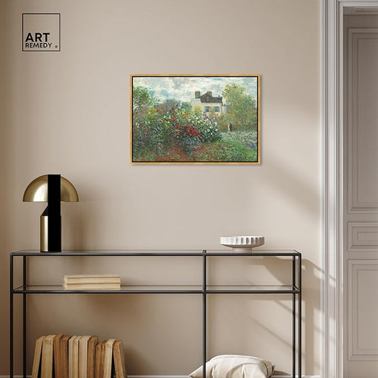Art Remedy Monet-Garden With Dahlias Impressionism Classic Landscape Paintings Canvas Wall Art, Gold Floater Frame, 24"x36"