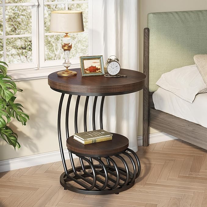 LITTLE TREE Round Side Table, Wood End Table with 2-Tier Storage Shelf, Accent Coffee Table, Creative Curved Metal Frame End Table for Small Spaces, Living Room, Bedroom, Brown + Black