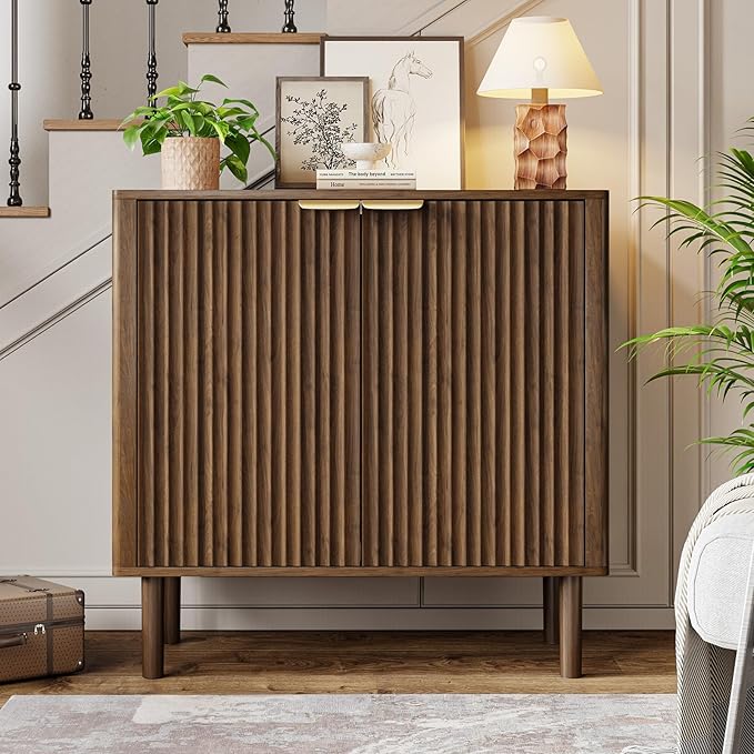 Sideboard Buffet Cabinet with Storage, Modern Fluted Accent Credenza with Doors & Adjustable Shelves, Wood Coffee Bar Console Table for Living Room, Dining Room, Entryway 31.5"(2pcs) Walnut