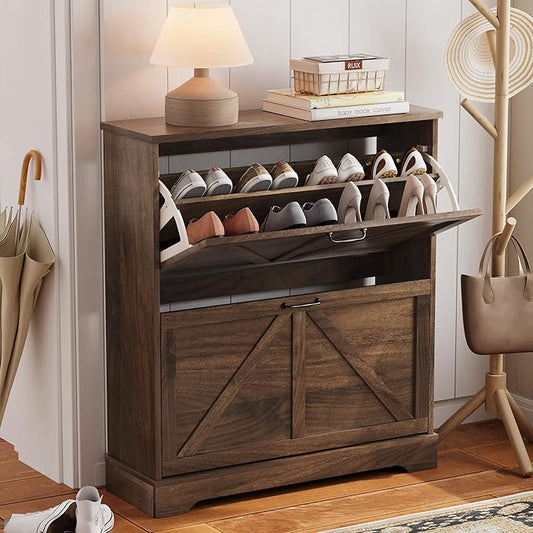 Semiocthome Farmhouse Shoe Storage Cabinet with 2 Flip Drawers, 31.5"(W) Freestanding Shoe Organizer with Barn Door and Metal Handles for Entryway, Corner Rustic Narrow Shoe Rack Cabinet - Walnut