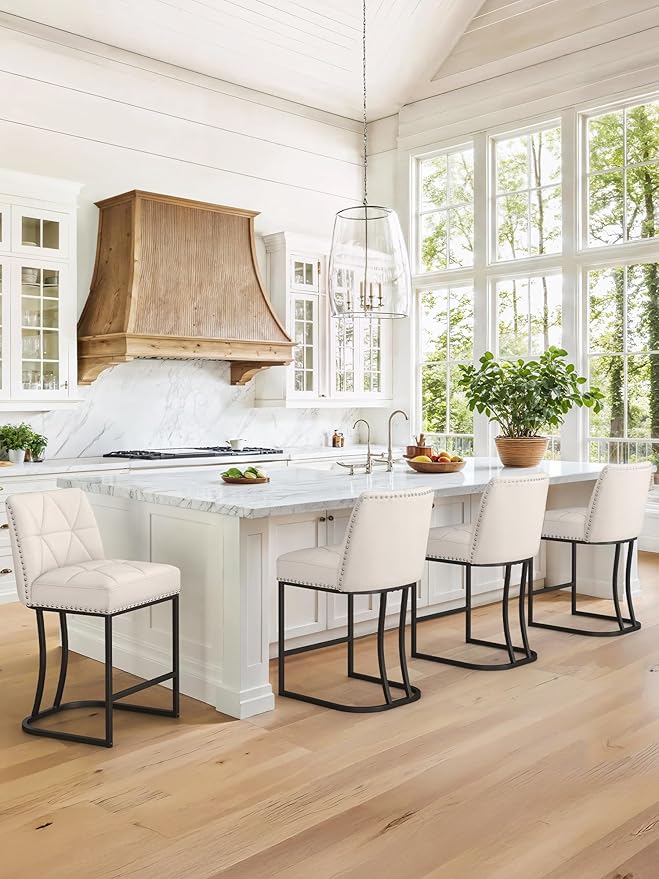 LUE BONA 24" Bar Stools Set of 2, Counter Height Bar Stools with 5.5" Thick Cushion, Upholstered Linen Fabric Barstools with Metal Frames for Kitchen Island, Dining Room, Beige