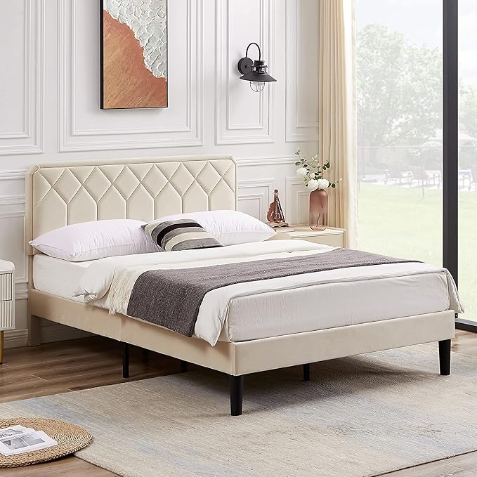 VECELO Full Size Bed Frame Premium Velvet Upholstered Platform with Height Adjustable Headboard/Mattress Foundation, Solid Wooden Slat Support, No Box Spring Needed/Easy Assembly