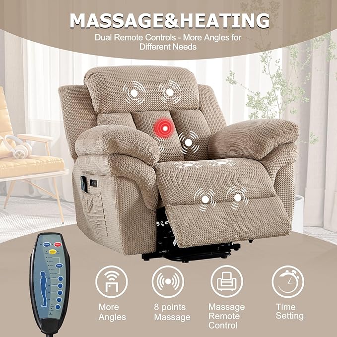 CANMOV 46" Wide Oversized Power Lift Recliner Chair for Elderly, Extra Large Electric Lift Recliners for Big and Tall, Power Recliner Chair with Massage&Heating, USB and Type-C Ports, Light Brown
