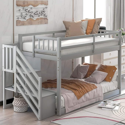 Twin Over Twin Bunk Bed with Ladder and for Storage Staircase for Teens, Boys or Girls, No Box Sping Needed