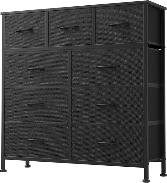 DUMOS 9 Drawer Dresser for Bedroom, Fabric Storage Organizer with Sturdy Metal Frame, Wooden Top Chest of Drawers for Closet Entryway Guest Room,Matte Black