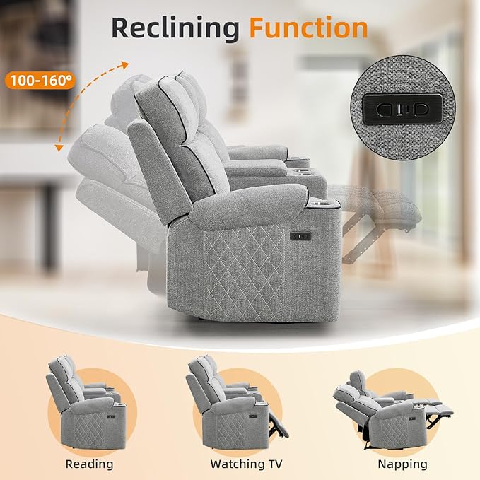 EBELLO Power Reclining Sofa Couch, Fabric Electric Recliner Loveseat Sofa with Cup Holders, USB Type-C Charging Ports and Storage Space, 2 Seats for Small Living Room, Bedroom and Meeting Room, Grey