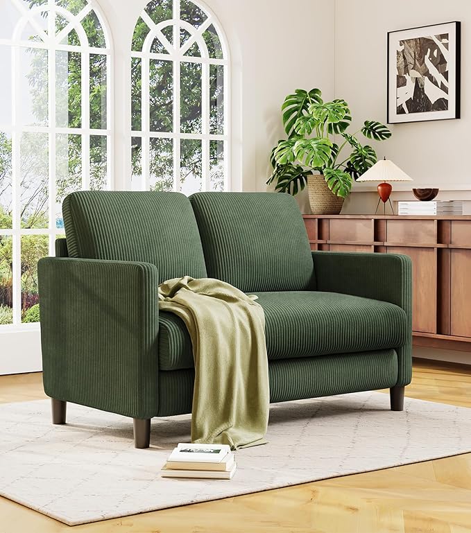 Welzona Loveseat Sofa, 51" Love Seat, Comfy Corduroy Small Loveseat for Small Spaces, Tool-Free Setup Couch for Bedroom, All-Wood Couches for Living Room, No Pillow Included, Green