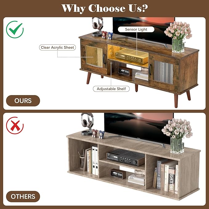 Wood TV Stand for 55 Inch TV, Mid Century Modern Entertainment Center with Adjustable Shelf, Sensor LED Light, 2 Cabinets, TV Media Console for Living Room Bedroom Rustic Brown