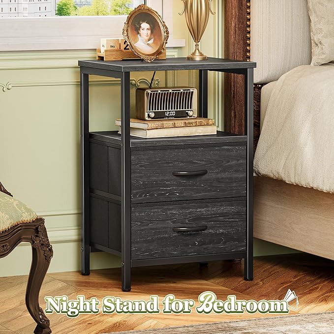 Huuger Night Stand Set of 2, Nightstand with 2 Drawers, Bed Side Table with Open Shelf, Wooden Top, End Table, Fabric Drawer with Charcoal Black Wood Grain Print, for Bedroom