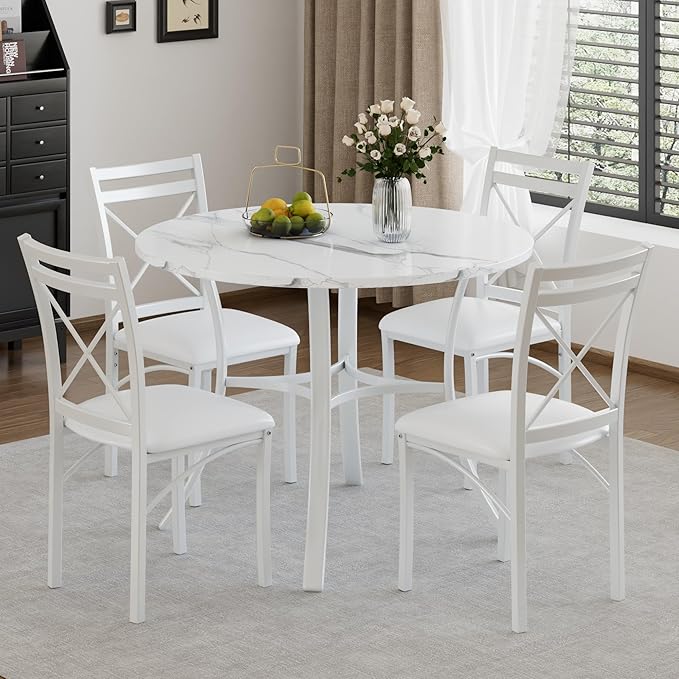 VECELO 5 Piece Dining Table Set for 4 with Chairs, Faux Marble Tabletop, Small Space, Kitchen, Breakfast Nook, White