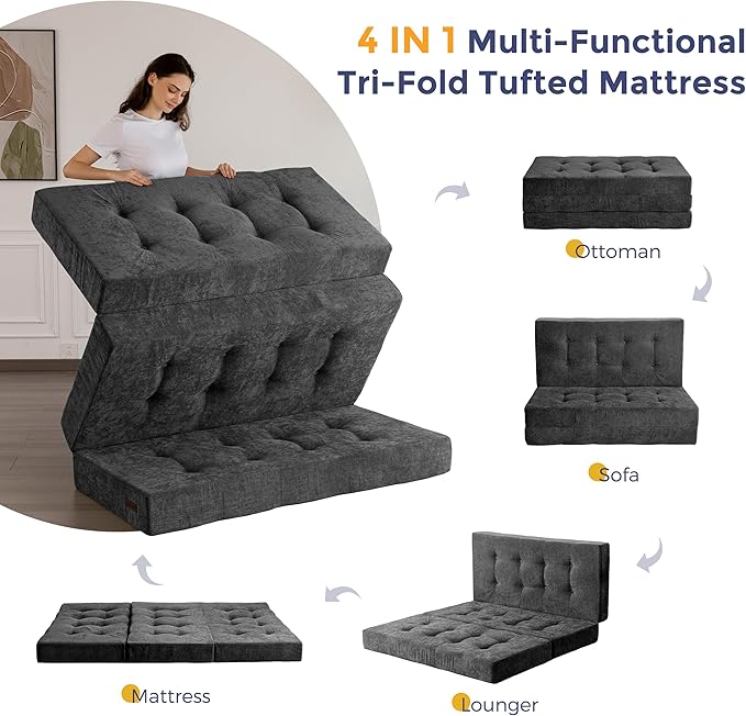 MAXYOYO Tri-Fold Mattress, 6 Inch Tufted Folding Mattress with Chenille Fabric, Portable Queen Size Floor Guest Mat for Adults, Foldable Topper for Camping, Dark Grey