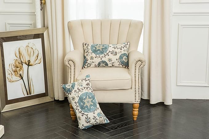 Mika Home Pack of 2 Jacquard Circle Floral Oblong Throw Pillow Covers Waist Pillow Shells for 12X20 Inserts Cream Blue