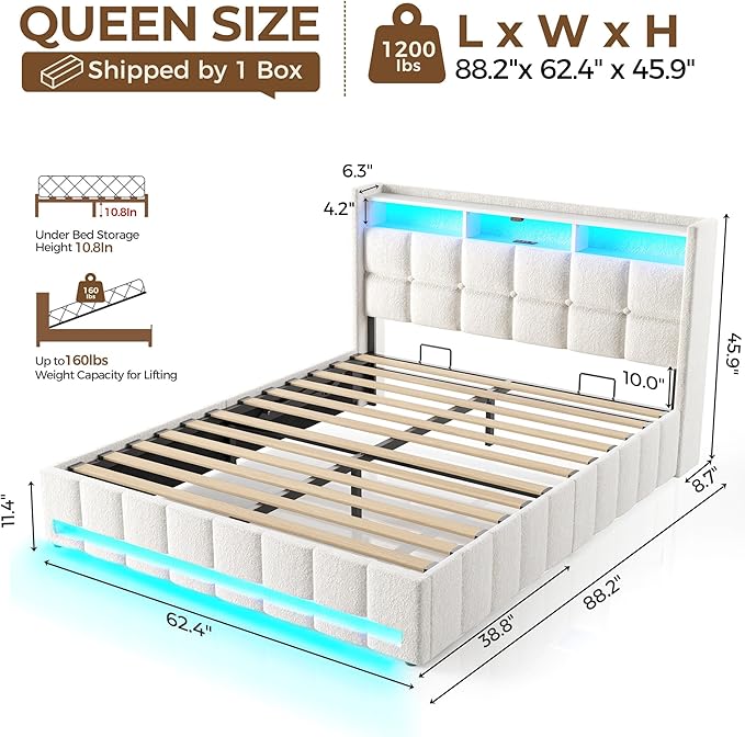 Rolanstar Bed Frame Queen Size with Lift Up Storage, Charging Station & LED Lights, Upholstered Storage Headboard, Heavy Duty Wooden Slats, No Box Spring Needed, Noise Free, Easy Assembly, Beige