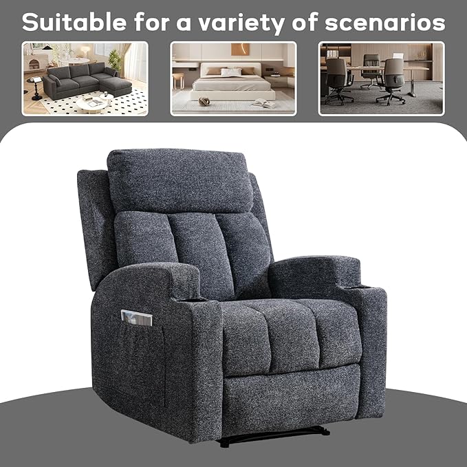 CANMOV Manual Massage Heat Recliner Chair Set of 2, Soft Fabric Recliner Chair with Overstuffed Arm and Back, Manual Reclining Single Sofa with 2 Cup Holders, Side Pocket for Living Room, Dark Grey