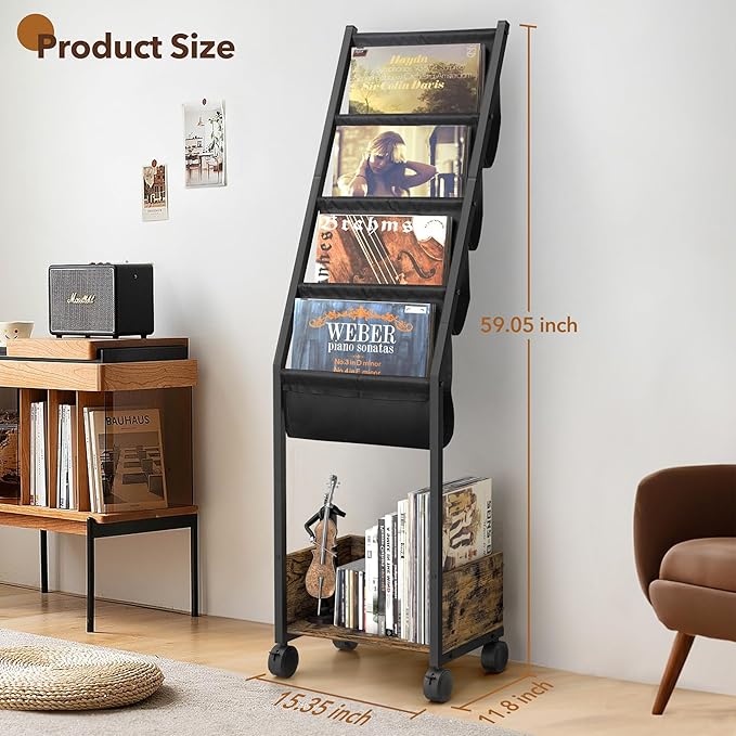 Keebofly Vinyl Record Storage, Record Holder Up to 100 Albums, Record Stand with 4 Tier Vinyl Holder Display Shelf, Movable Vinyl Storage Organizer Rack, Record Cabinet for Book Magazine Turntable