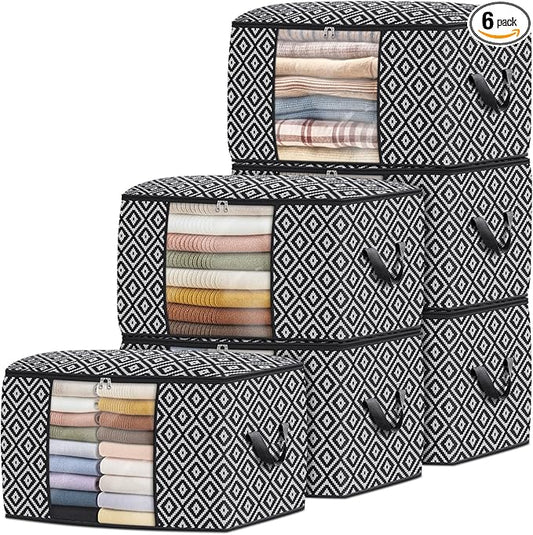 Direct 100L, 6 Pack, Storage Containers, Large Clothes Storage Bins Foldable Organization and Storage Bags with Reinforced Handle, Clear Window for Bedding, Blankets, Clothing, Black
