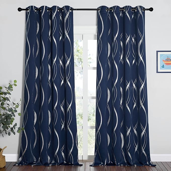 NICETOWN Blackout Curtain Panels 95 inches Long for Patio Door, Window Treatment Energy Saving Thermal Insulated Foil Printed Wave Lines Blackout Drapes for Living Room (Navy Blue, 1 Pair, 52" Wide)