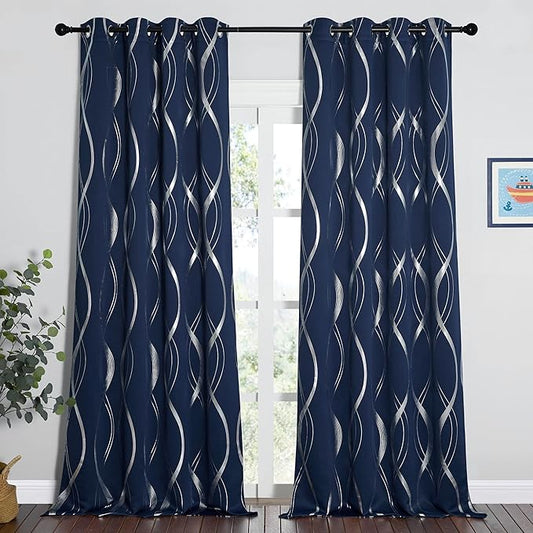 NICETOWN Blackout Curtain Panels 95 inches Long for Patio Door, Window Treatment Energy Saving Thermal Insulated Foil Printed Wave Lines Blackout Drapes for Living Room (Navy Blue, 1 Pair, 52" Wide)