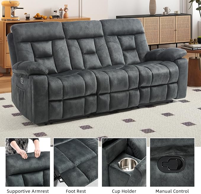 EBELLO Reclining Sofa for Living Room, Extra Wide Modern Overstuffed 3 Seat Recliner Manual Sofa with Hidden Armrest Cup Holders, Soft Breathable Fabric and Padded Seat, Dark Greenish-Grey