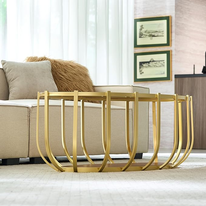 Saint Mossi Glass Oavl Coffee Table for Living Room, Modern 2-Tier Gold Center Table, Brown Glass Top and Walnut Shelf with Gold Finish Legs & Frame