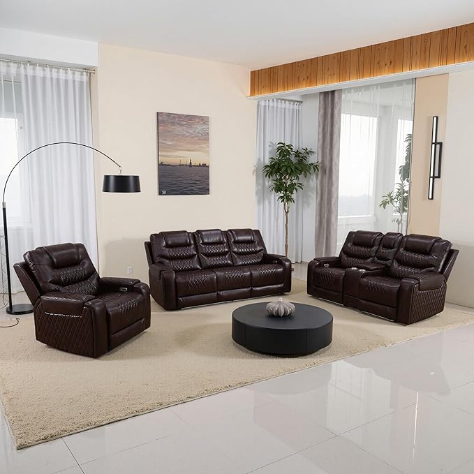 Leather Power Recliner Sofa Set with LED, Living Room Furniture Set, Leather Sofa Set with USB Port Storage Console Cup Holder for Office Living Room Home (Dark Brown)