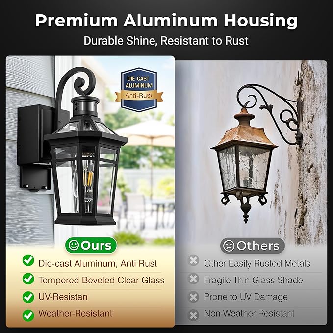 OPAIXS Motion Sensor Outdoor Wall Lights with Outlet, Black Front Porch Light with GFCI Outlet, Modern Coach Lights for Garage, Waterproof Exterior Wall Sconce Lantern, E26 Outside Wall Light Fixture