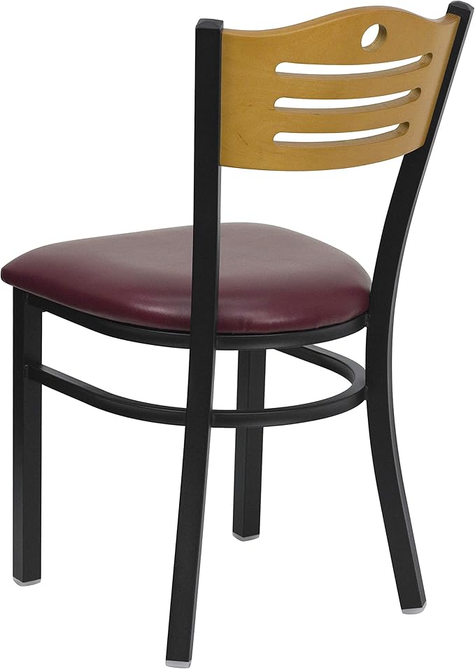 Flash Furniture 2 Pk. HERCULES Series Black Slat Back Metal Restaurant Chair - Natural Wood Back, Burgundy Vinyl Seat